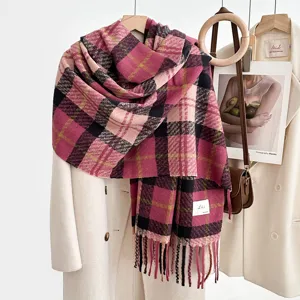 Cozy autumn winter plaid scarf for women, soft imitation cashmere shawl, thick warm neck wrap.