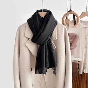 Detailed view of women black lace edge scarf, lightweight thin shawl for elegant daily wear.