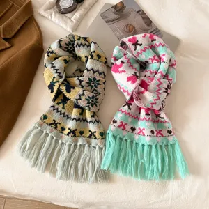 Korean style Fair Isle jacquard tassel knitted scarf for women, cozy winter warm fashion accessory.