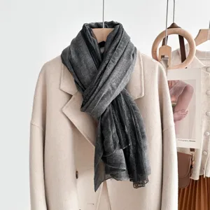 Women solid color dark grey scarf with delicate lace edge elegant thin shawl photo prop