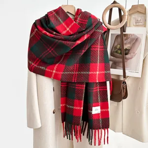 Classic red and green plaid scarf detail, soft imitation cashmere fabric, winter warmth style.