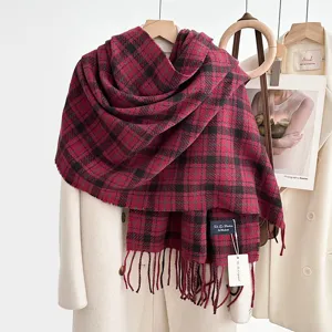 Style coréen écharpe à carreaux rouge et noir avec franges automne hiver doux rétro cachemire