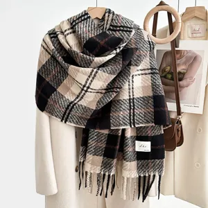 Autumn winter soft imitation cashmere plaid scarf classic fringed tassel neckerchief
