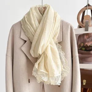 Beige autumn winter scarf with delicate lace trim, elegant solid color shawl for women.
