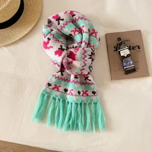 Korean style ins fair isle jacquard fringe knit scarf women autumn winter warm cozy style