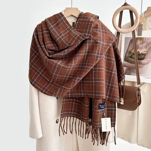 Écharpe à carreaux marron rétro style coréen avec franges pour femme automne hiver chaude.