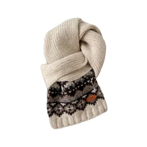 Chic winter warm knitted scarf with retro Fair Isle pattern and cozy beige design for women.