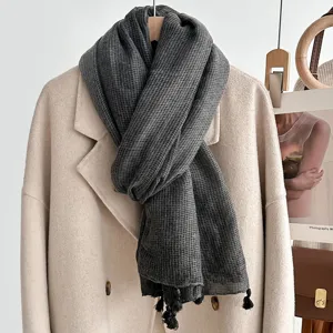 Dark grey grid pattern linen scarf detail shot, elegant tassel trim casual shawl