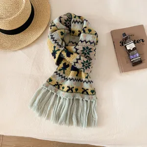 Korean style Fair Isle knit scarf with tassel winter warm stylish retro patterned neckerchief