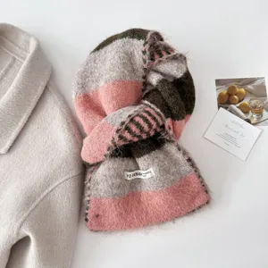 Cozy color block striped knitted scarf for women, soft warm winter neck warmer accessory.