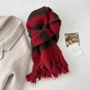 Cozy winter striped tassel scarf for women, soft knitted warm fashion neck wrap accessory.