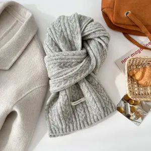 Grey wool blend cable knit scarf women winter warm fashion knitted neck warmer detail