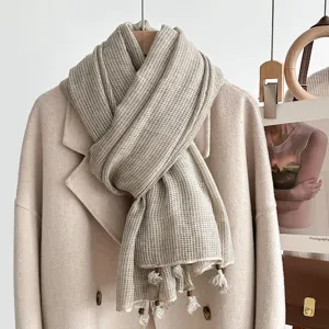 Cotton linen plaid scarf with wooden bead fringe, lightweight spring autumn beige shawl.