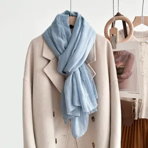Chic light blue lace-trimmed women's scarf, lightweight soft thin shawl for elegant daily wear.