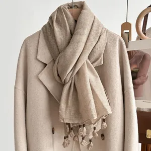 Beige linen scarf with wooden beads tassel elegant autumn winter warm shawl wrap neck accessory
