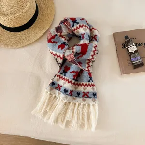 Cozy knit scarf detail, Fair Isle jacquard pattern and chic tassel fringe for winter warmth.