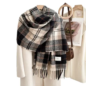 Autumn winter soft plaid scarf for women cozy cashmere feel thick tassel warm winter neckerchief