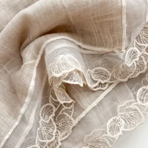 Exquisite beige lace trim scarf detail, soft lightweight autumn winter fashion accessory.