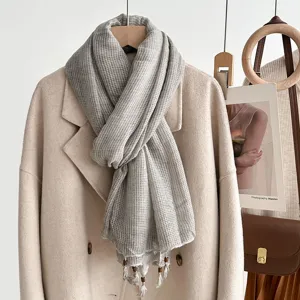 Light grey grid linen cotton scarf with tassels and wooden beads, elegant spring autumn accessory.