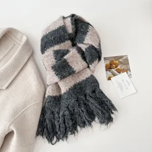 Cozy winter striped tassel knitted scarf, soft imitation cashmere warm neckerchief.