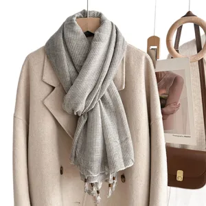 Grey grid linen cotton scarf with tassels and beads, lightweight spring autumn shawl wrap.