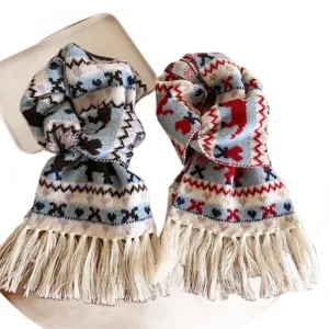 Korean style Fair Isle jacquard knitted tassel scarf for women, warm winter fashion neck.