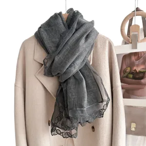Dark grey lace trim scarf winter autumn warm neck wrap elegant solid shawl for women