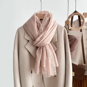 Exquisite pink lace trim scarf detail, soft thin gauze shawl for women, sweet daily wear.