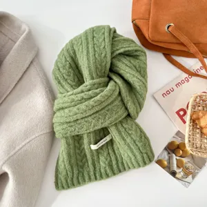 Green cable knit winter warm wool blend fashion scarf for women, cozy everyday neck warmer.