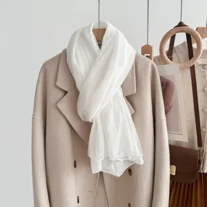 White lace-trimmed lightweight scarf, sweet Japanese Korean style sheer shawl for women.