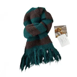 Green brown striped knitted tassel scarf, soft warm winter fashion neckerchief for women.