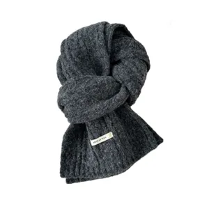 Dark grey wool-blend chunky knit scarf, Korean style cozy winter neck warmer for women.