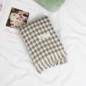 Classic houndstooth winter scarf for women, warm imitation cashmere shawl with stylish fringe.