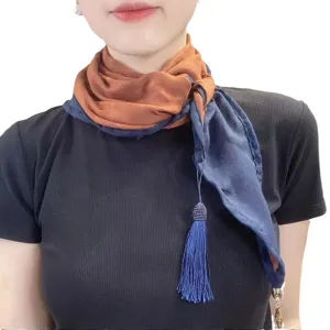 Women's two-tone silk scarf new Chinese style neck wrap with tassel and pendant versatile.