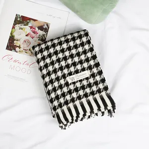 Classic black and white houndstooth scarf with tassels, soft cashmere-feel shawl for women.