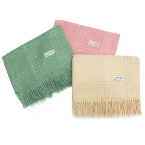Thickened cashmere feel plaid scarf with fringe, warm winter shawl and neck wrap, 300g cozy wear.