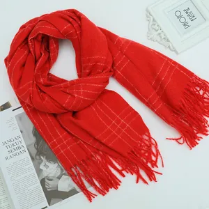 Red plaid cashmere-feel winter scarf with cozy tassels, thick warm neck wrap for women.
