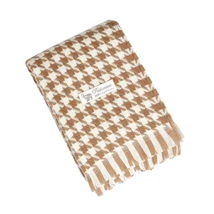 Classic brown houndstooth pattern winter scarf with fringe, warm imitation cashmere shawl.