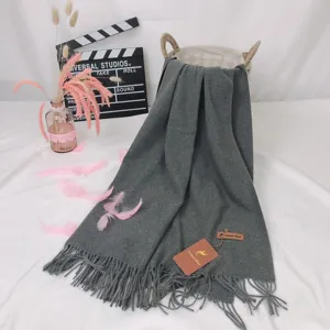Grey imitation cashmere tassel scarf detail, soft warm winter neck warmer for women's daily wear.