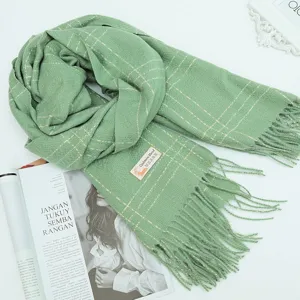 Green cashmere blend plaid scarf with fringe, warm winter shawl and cozy fashion neck wrap.
