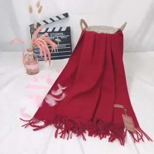 Solid color red imitation cashmere scarf for women, warm winter tassel shawl wrap.
