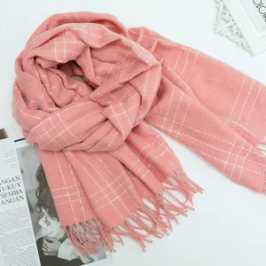 Pink plaid cashmere-feel scarf with fringe, cozy winter warm shawl for women and girls.