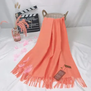 Solid color imitation cashmere scarf with tassels, warm cozy winter shawl for women.