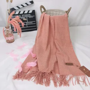 Solid color imitation cashmere scarf winter warm tassel shawl pink neck warmer women accessory