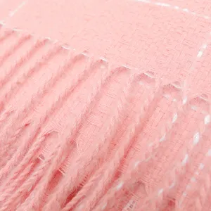 Detailed close-up view of a pink imitation cashmere plaid scarf featuring delicate soft tassels.