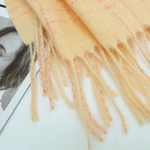 Imitation cashmere bamboo weave plaid scarf detail close-up showing soft texture and cozy fringe.