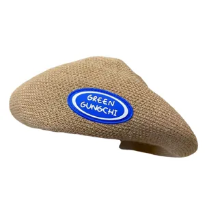 Khaki knitted beret hat for women, stylish vintage painter hat for autumn and winter streetwear.