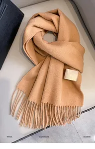 Detail shot of the solid color cozy wool scarf with delicate fringe and stylish brand label.