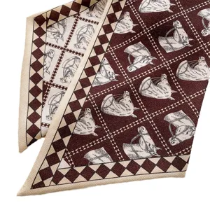 Narrow silk wool scarf with classic equestrian horse head print and chic diamond patterns.
