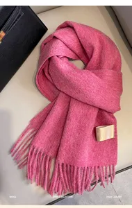 Pink winter wool scarf thick warm solid color cashmere feel long tassel neck wrap fashion